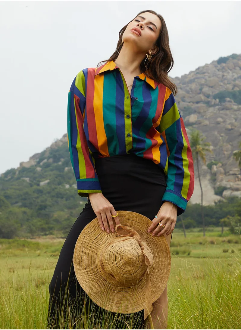 Campus Sutra Women's Emerald Green & Royal Blue Balanced Striped Oversized Shirt