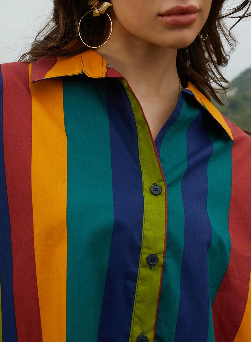 Campus Sutra Women's Emerald Green & Royal Blue Balanced Striped Oversized Shirt