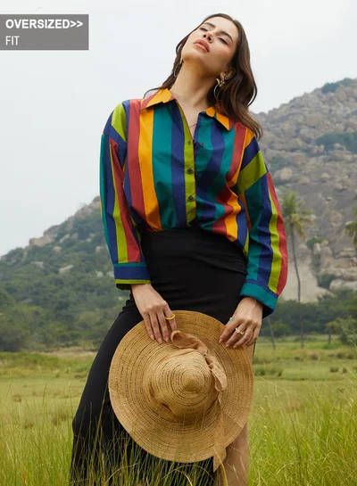 Campus Sutra Campus Sutra Women's Green & Blue Balanced Striped Oversized Shirt For Casual Wear | Spread Collar | Long Sleeve | Button Closure | Oversized Shirt Crafted With Comfort Fit For Everyday Wear