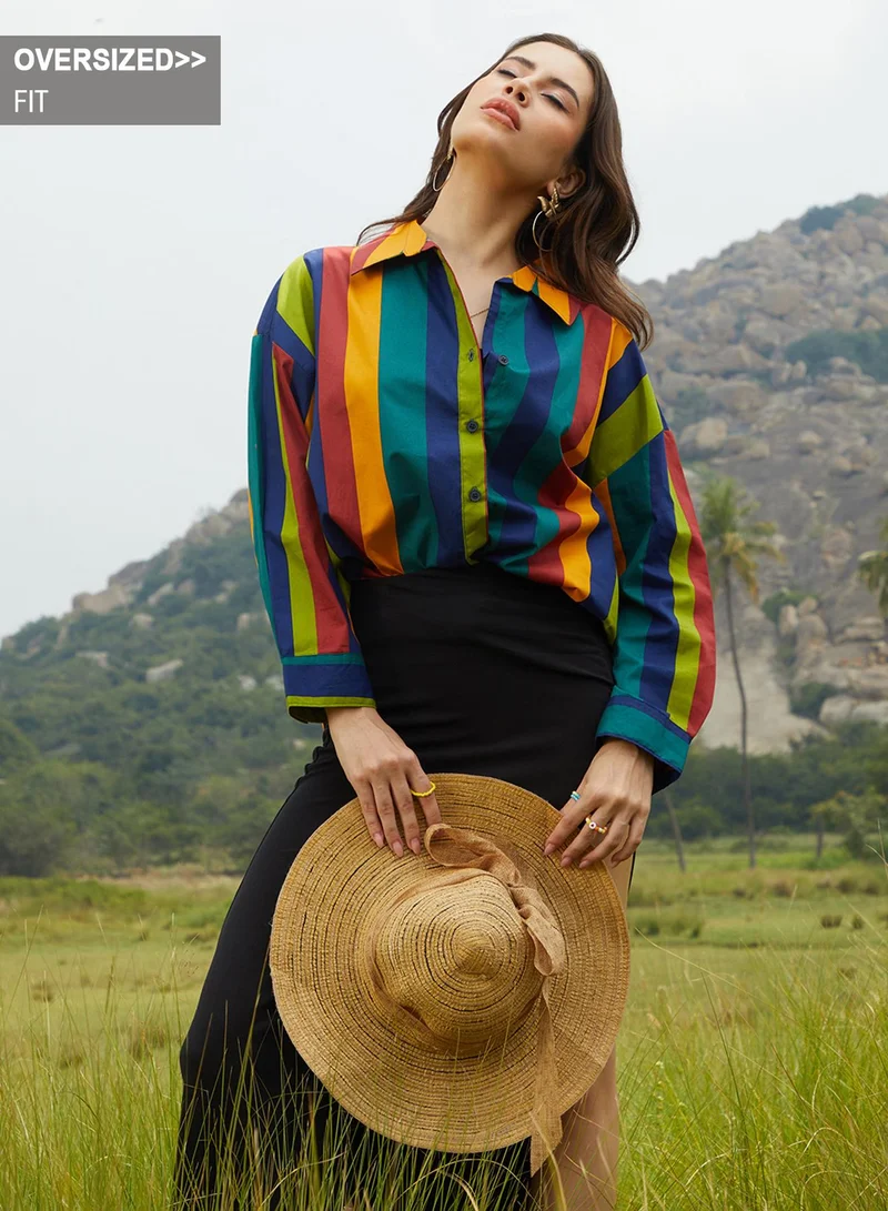 Campus Sutra Campus Sutra Women's Green & Blue Balanced Striped Oversized Shirt For Casual Wear | Spread Collar | Long Sleeve | Button Closure | Oversized Shirt Crafted With Comfort Fit For Everyday Wear