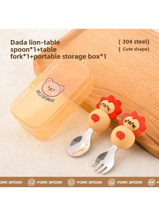 Children's Creative Fork Spoon 304 Stainless Steel Short Handle Cartoon Tableware Household Baby Dining Portable Tableware Suit-Specifications:No Specifications-Color:Dada Lion Spoon Storage Box - Image 1