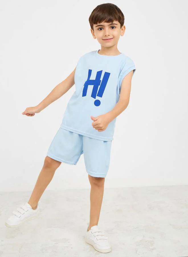 Styli Styli Hi Print Waffle Textured Sleeveless T-shirt and Short Set