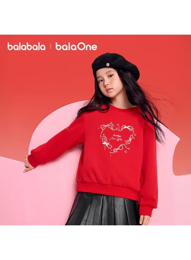 Balabala Kids Sweatshirt Girls New Spring Fleece Lined Long Sleeve Top Youth Red New Year Outfit - Image 2