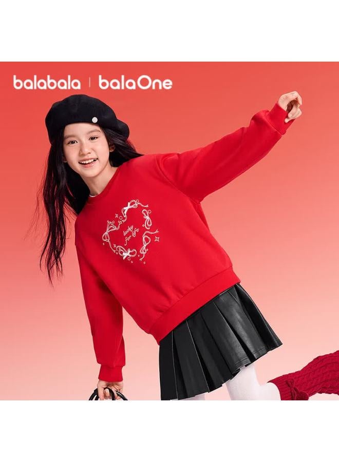 Balabala Kids Sweatshirt Girls New Spring Fleece Lined Long Sleeve Top Youth Red New Year Outfit - Image 1