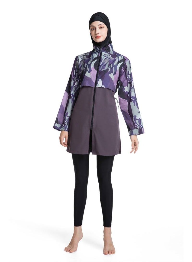 3-Piece Muslim Women's Conservative Swimwear Set Summer Casual Comfortable UV Protection Long Sleeve Zip-Up Swimsuit Lightweight Beach Attire - Image 1