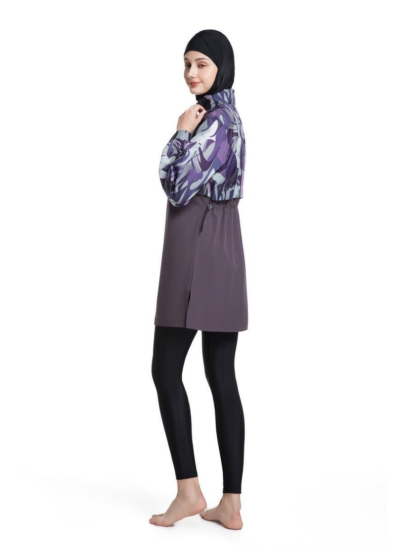 3-Piece Muslim Women's Conservative Swimwear Set Summer Casual Comfortable UV Protection Long Sleeve Zip-Up Swimsuit Lightweight Beach Attire - Image 2