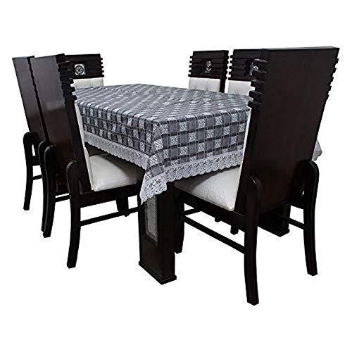Check Printed 4 to 6 Seater Rectangular Dining Table Cover with White Lace 54x78 inch Exact Size GreyPolyvinyl Chloride Pack of 1  - Image 4