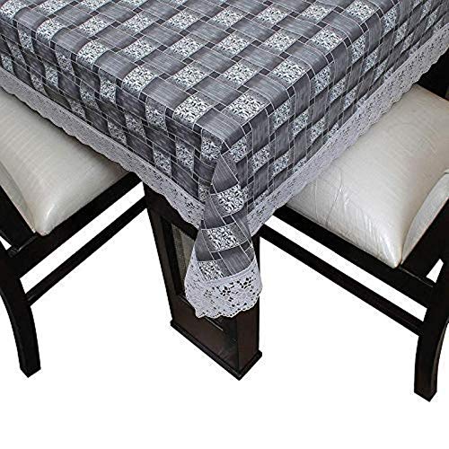 Check Printed 4 to 6 Seater Rectangular Dining Table Cover with White Lace 54x78 inch Exact Size GreyPolyvinyl Chloride Pack of 1  - Image 3