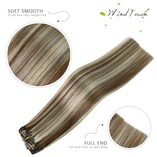 WindTouch Clip in Hair Extensions Human Hair Balayage Medium Light Brown to Blonde Hair Extensions for Blonde 12Inch 75g 6p613 7PCS Gift for Women - Image 5