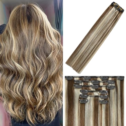 WindTouch Clip in Hair Extensions Human Hair Balayage Medium Light Brown to Blonde Hair Extensions for Blonde 12Inch 75g 6p613 7PCS Gift for Women - Image 2