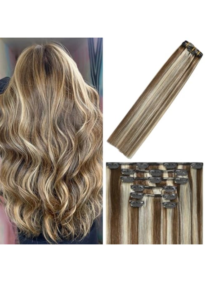 WindTouch Clip in Hair Extensions Human Hair Balayage Medium Light Brown to Blonde Hair Extensions for Blonde 12Inch 75g 6p613 7PCS Gift for Women - Image 1