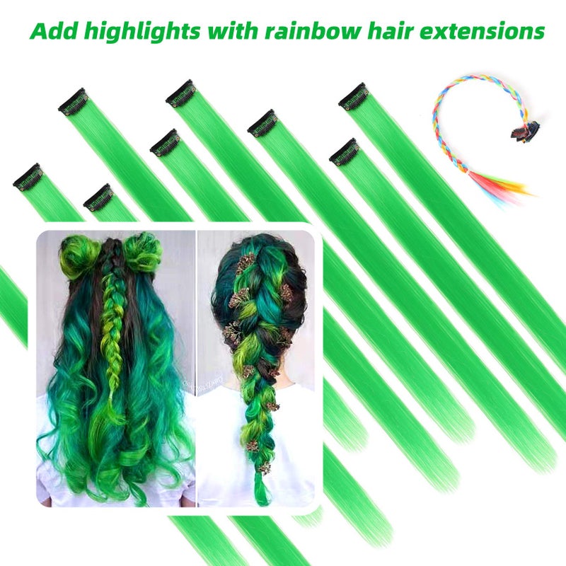 RINBOOOL Green Hair Extensions Clip in, 22 Inch 10 Pcs Long Straight Colored, for Women Highlight Party, Synthetic - Image 2