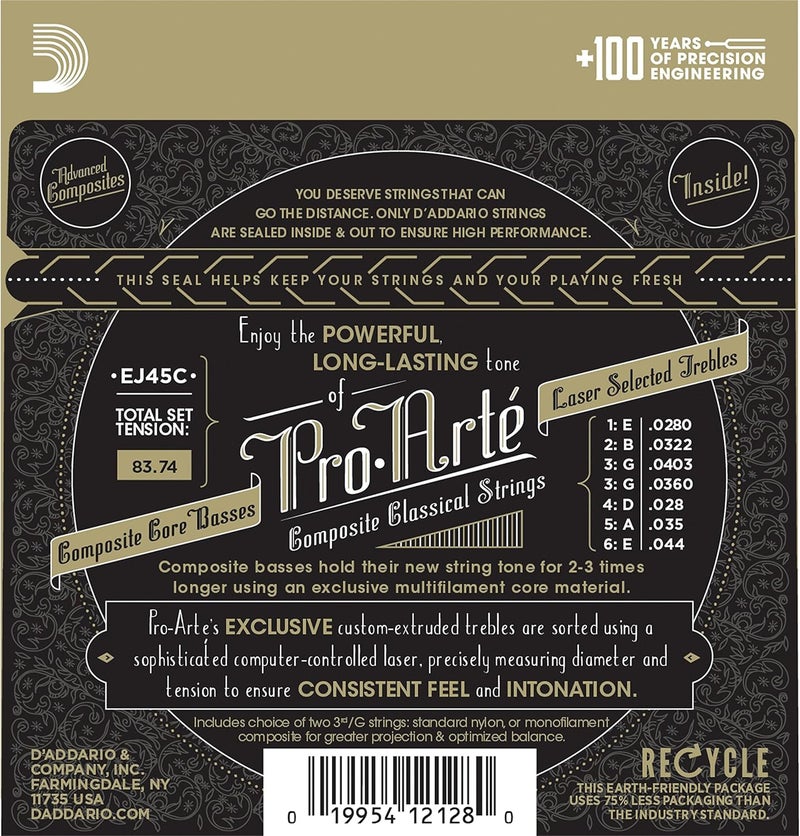 د'اداريو أوتار غيتار كلاسيكي من نوع D'Addario Pro-Arte EJ45C - شد عادي، ملفوفة بطبقة فضية، قلب مركب، أوتار ثلاثية من النايلون الشفاف - Image 2