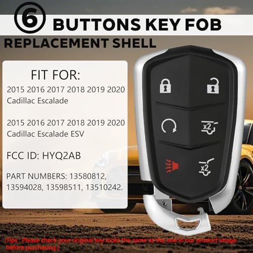 JJCHQ 6 Button Key Fob Shell Case Replacement Fits for Cadillac Escalade ESV 2015 2016 2017 2018 2019 2020 HYQ2AB Car Keyless Entry Remote Control Smart Key Fob Pad Cover Housing - Image 3