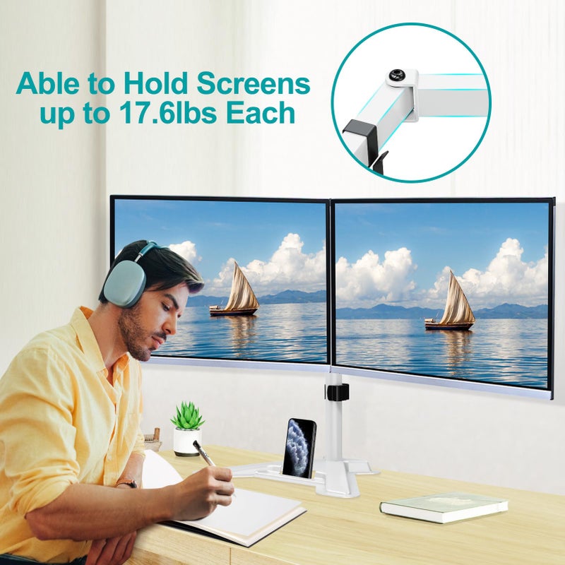 MOUNT PRO Dual Monitor Stand, Free-Standing Full Motion Monitor Desk Mount Fits 2 Screens up to 27 inches,17.6lbs with Height Adjustable, Swivel, Tilt, Rotation, VESA 75x75 100x100,White - Image 2