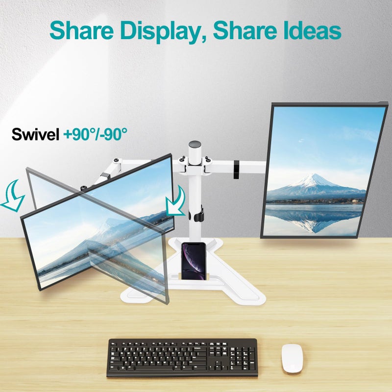 MOUNT PRO Dual Monitor Stand, Free-Standing Full Motion Monitor Desk Mount Fits 2 Screens up to 27 inches,17.6lbs with Height Adjustable, Swivel, Tilt, Rotation, VESA 75x75 100x100,White - Image 4