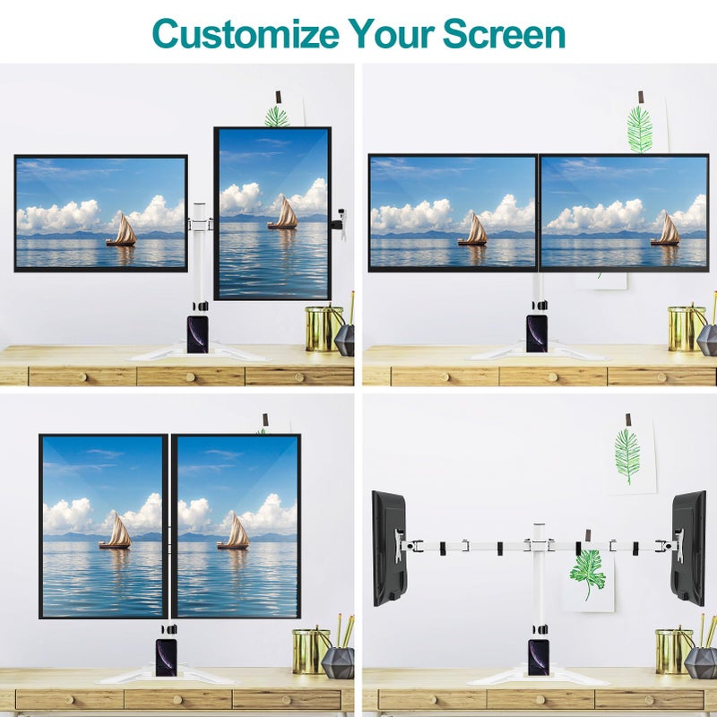 MOUNT PRO Dual Monitor Stand, Free-Standing Full Motion Monitor Desk Mount Fits 2 Screens up to 27 inches,17.6lbs with Height Adjustable, Swivel, Tilt, Rotation, VESA 75x75 100x100,White - Image 3