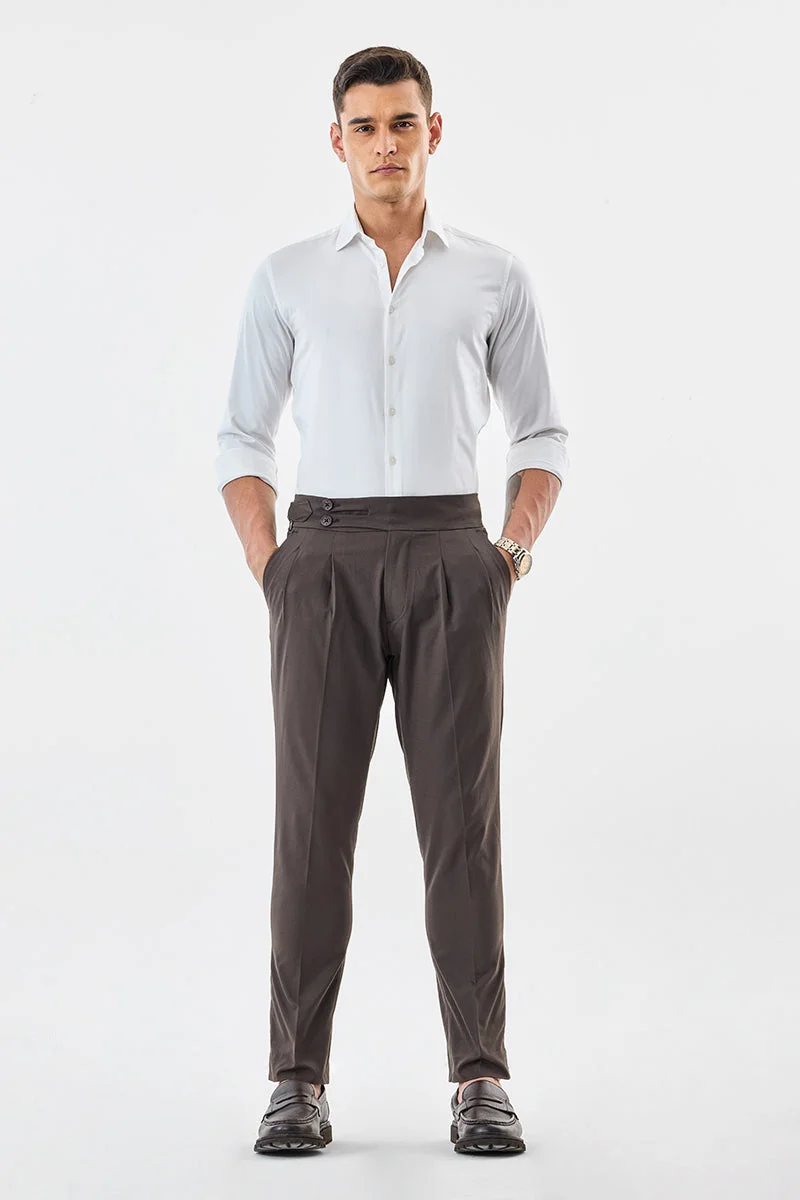 SNITCH Brown Textured Slim Fit Formal Trousers