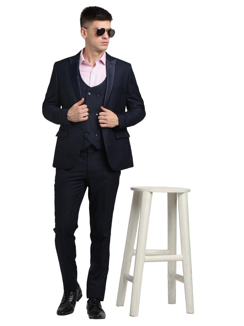 Turtle Men Poly Viscose Tailored Fit Dark Blue Three Piece Party Suits - Image 1