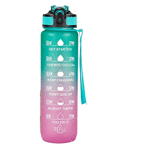 JUGTE Plastic Water Bottles 1 Litre Sipper Bottle For Adults Motivational Water Bottle Sipper With Straw & Time For Gym Office School Home Water Bottle For Kids (Green) - Image 1
