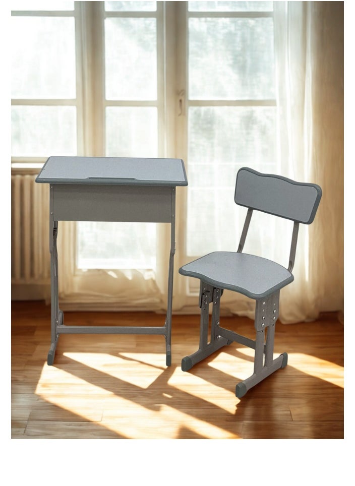 A children's study desk set consisting of 4 pieces (two tables and two chairs), a chair and a study table An educational desk set made of iron and fiber