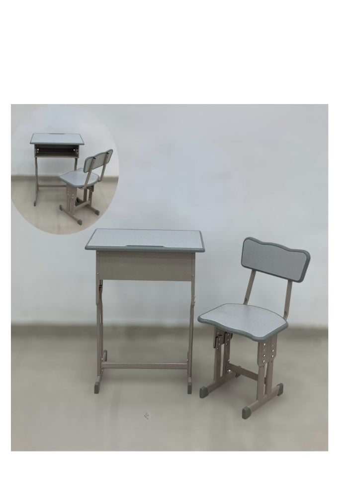 A children's study desk set consisting of 4 pieces (two tables and two chairs), a chair and a study table An educational desk set made of iron and fiber