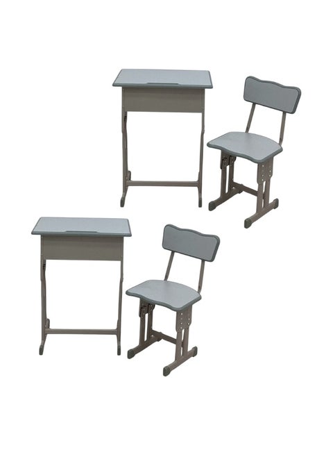A children's study desk set consisting of 4 pieces (two tables and two chairs), a chair and a study table An educational desk set made of iron and fiber