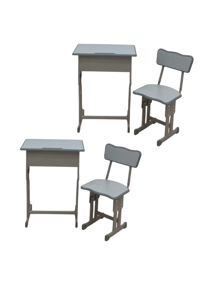 A children's study desk set consisting of 4 pieces (two tables and two chairs), a chair and a study table An educational desk set made of iron and fiber