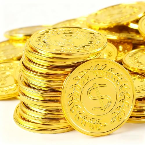 REGUICORP Plastic Gold Coins 110PCS Fake Coins for Pirate Play Toy Tokens Fake Gold Coins Bulks for Board Games Treasure Hunt Classroom Reward Adventure Theme Party Supplies - Image 1