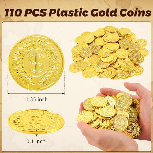 REGUICORP Plastic Gold Coins 110PCS Fake Coins for Pirate Play Toy Tokens Fake Gold Coins Bulks for Board Games Treasure Hunt Classroom Reward Adventure Theme Party Supplies - Image 5