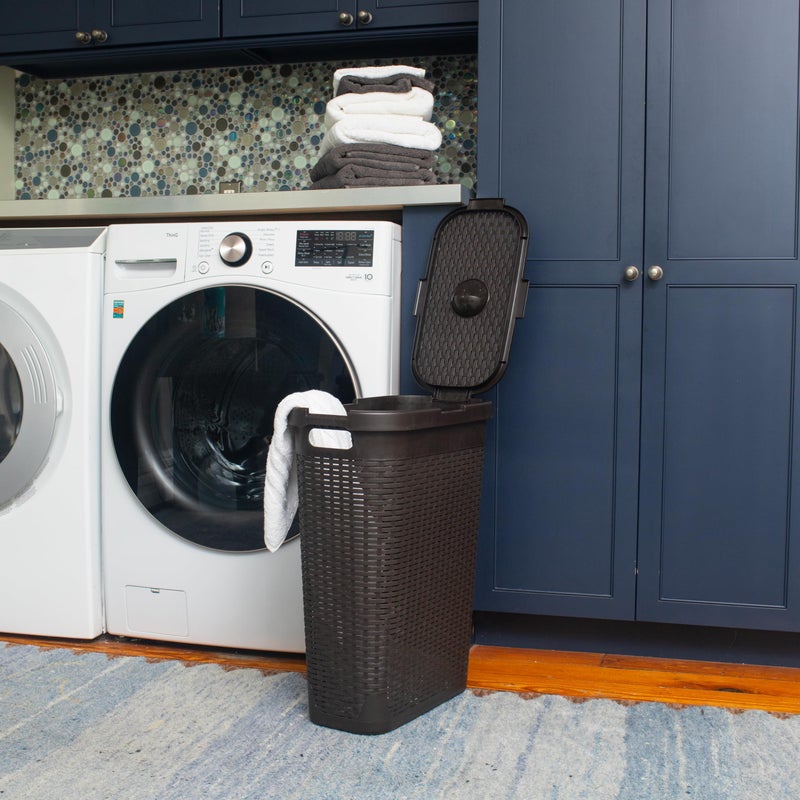Mind Reader Slim Laundry Hamper with Lid, 40L Clothes Basket, Premium Wicker Design, Plastic, Brown - Image 2