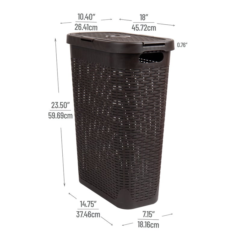 Mind Reader Slim Laundry Hamper with Lid, 40L Clothes Basket, Premium Wicker Design, Plastic, Brown - Image 3