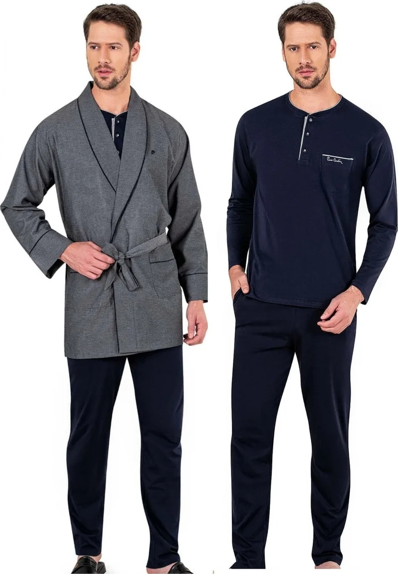 بيير كاردان Combed Cotton Long Sleeve Pajama Set and Dressing Gown Dowry Groom Set