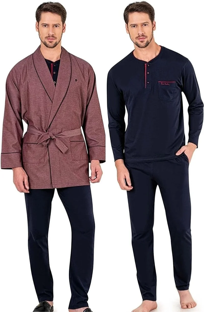 بيير كاردان Combed Cotton Long Sleeve Pajama Set and Dressing Gown Dowry Groom Set