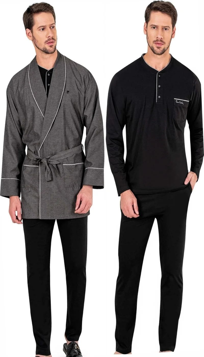 بيير كاردان Combed Cotton Long Sleeve Pajama Set and Dressing Gown Dowry Groom Set
