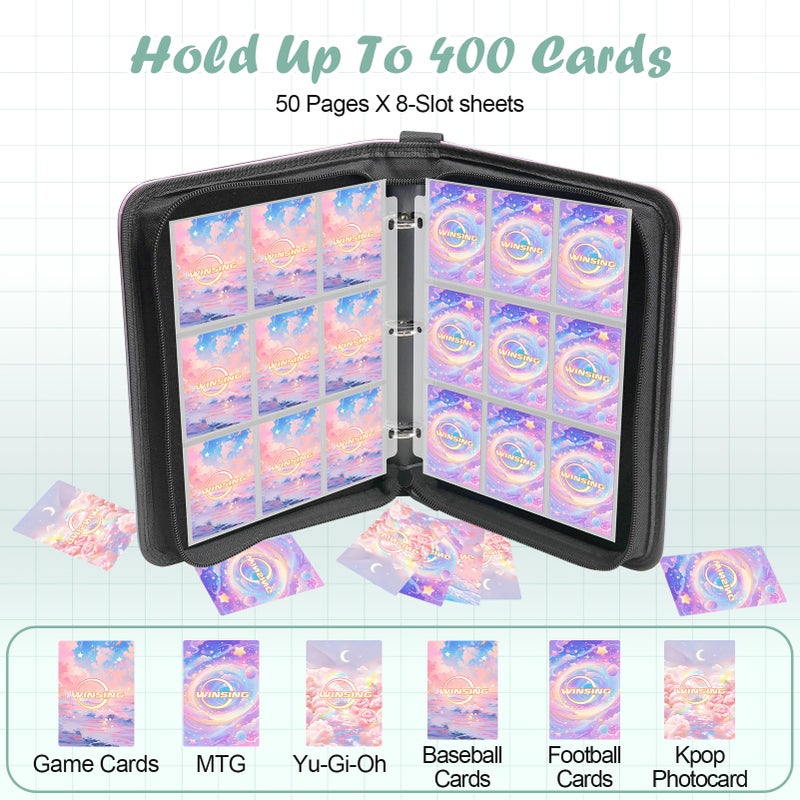 Winsing Card Binder 4 Pocket, 400 Pockets Card Holder Compatible with Game Cards Gift for Girls, Trading Card Binder Album Case Book Storage For Photocards, Small,Pink - Image 4