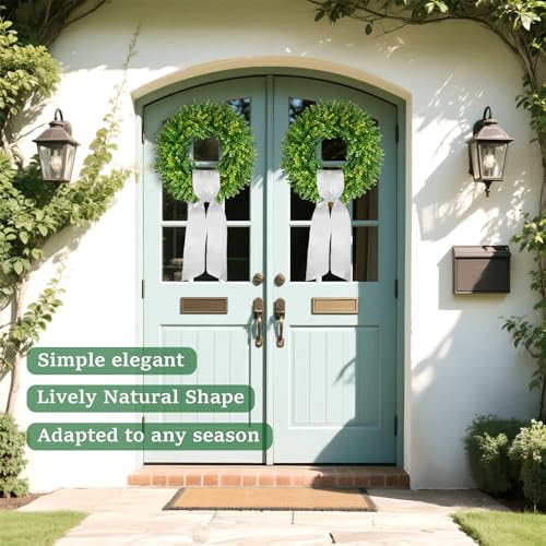 Diltik 20''Boxwood Wreaths for Front Door,Artificial Spring Summer Wreath,Boxwood Wreaths with Sash,All Seasons Wreath for Farmhouse,Wedding,St Patrick's Day Decoration,Indoor & Outdoor - Image 4