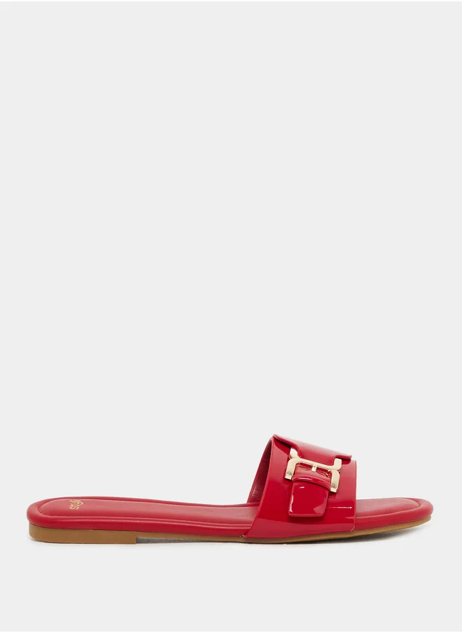 Styli Patent Design Buckle Detail Flat Sandals
