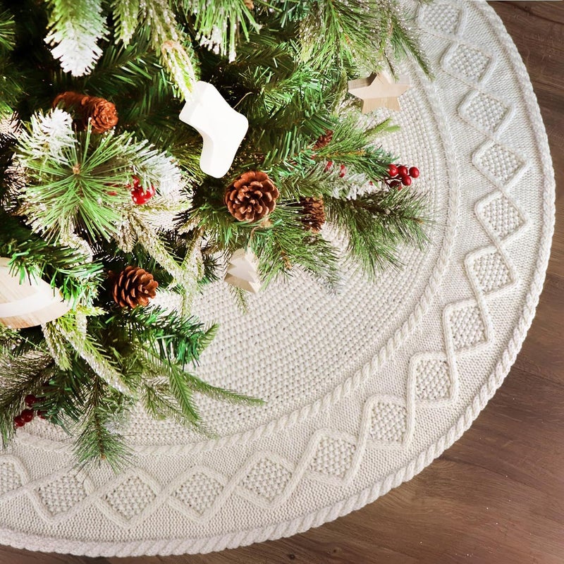 Lhrmh White Christmas Tree Skirt – Soft Knitting Cotton Xmas Collar – Rustic Holiday Decorations – Ideal for Trees & Holiday Parties - Image 1