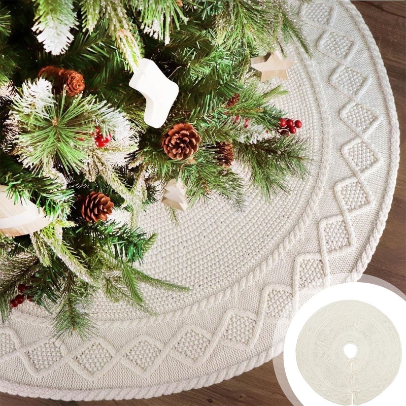 Lhrmh White Christmas Tree Skirt – Soft Knitting Cotton Xmas Collar – Rustic Holiday Decorations – Ideal for Trees & Holiday Parties - Image 2