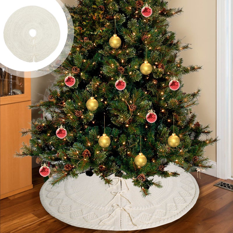 Lhrmh White Christmas Tree Skirt – Soft Knitting Cotton Xmas Collar – Rustic Holiday Decorations – Ideal for Trees & Holiday Parties - Image 4