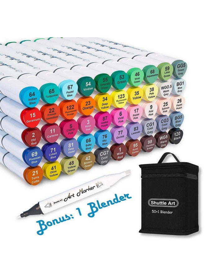 Shuttle Art Shuttle Art 51 Colors Dual Tip Alcohol Based Art Markers, 50 Colors plus 1 Blender Permanent Marker Pens Highlighters with Case Perfect for Illustration Adult Coloring Sketching and Card Making…  - Image 1