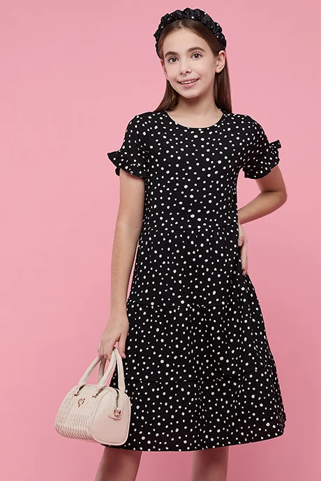 R&B Printed Tiered Dress with Crew Neck and Puff Sleeves