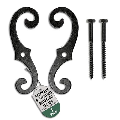 Renovators Supply Manufacturing Renovators Supply Black Shutter Dog Holders 6.5 Inches Long Antique Decorative S Style Solid Aluminium Black Rust Resistant Powder Coated External Shutter Tieback Hardware Including Mounting Screws - Image 1