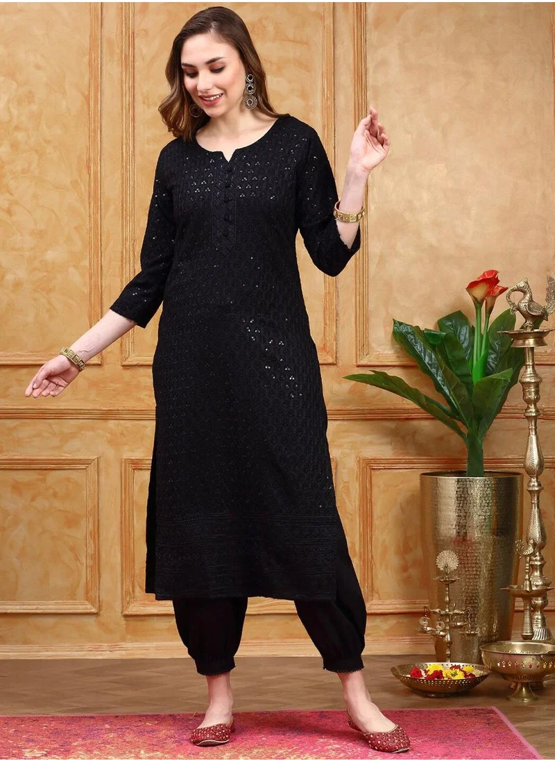 ISHIN Regular Fit Three-Quarter Sleeve Printed Black Viscose Woven Kurta Set For Women Flat Collar Perfect For Wedding And Engagement Pull On Closure