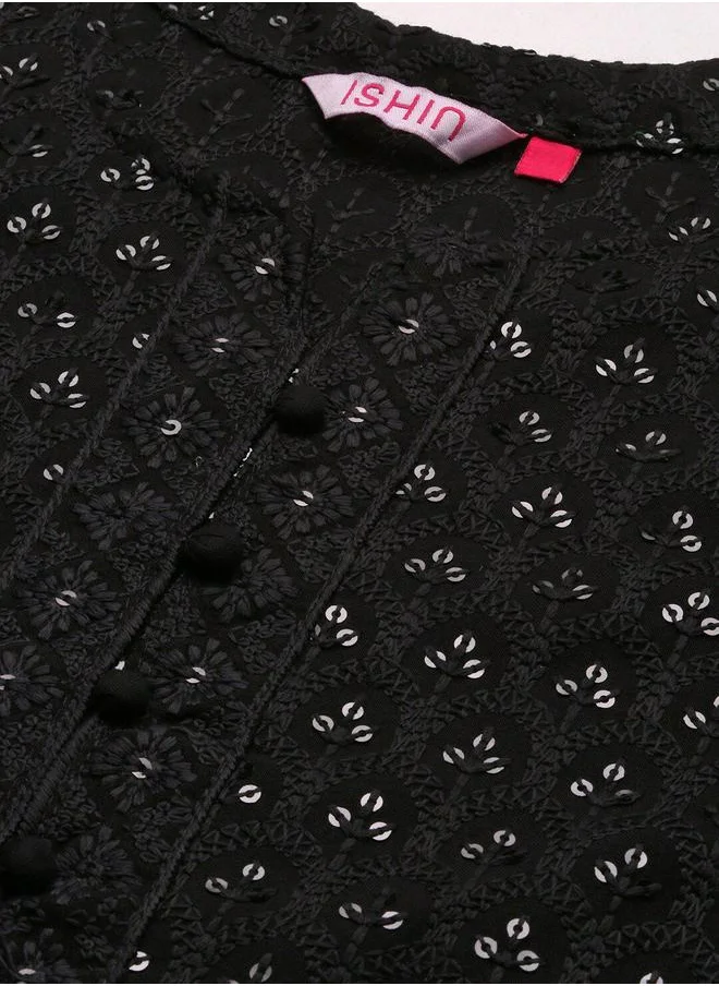 آي شين BLACK Kurta Straight Fit 3/4 Sleeve Sleeve made from Rayon featuring Self Design design and Round Neck neckline - Perfect for Ethinic!
