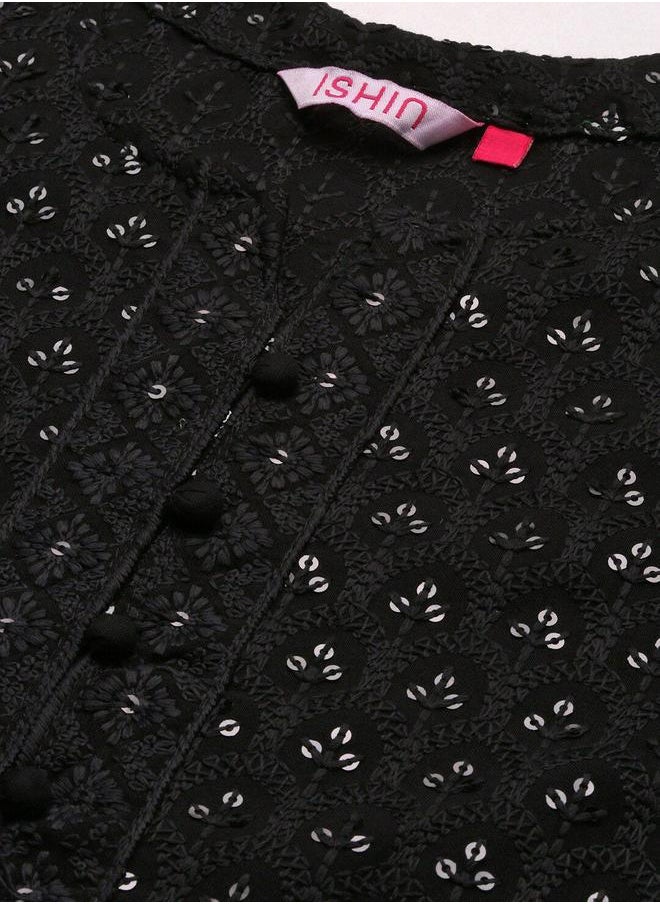 ISHIN BLACK Kurta Straight Fit 3/4 Sleeve Sleeve made from Rayon featuring Self Design design and Round Neck neckline - Perfect for Ethinic!  - Image 2