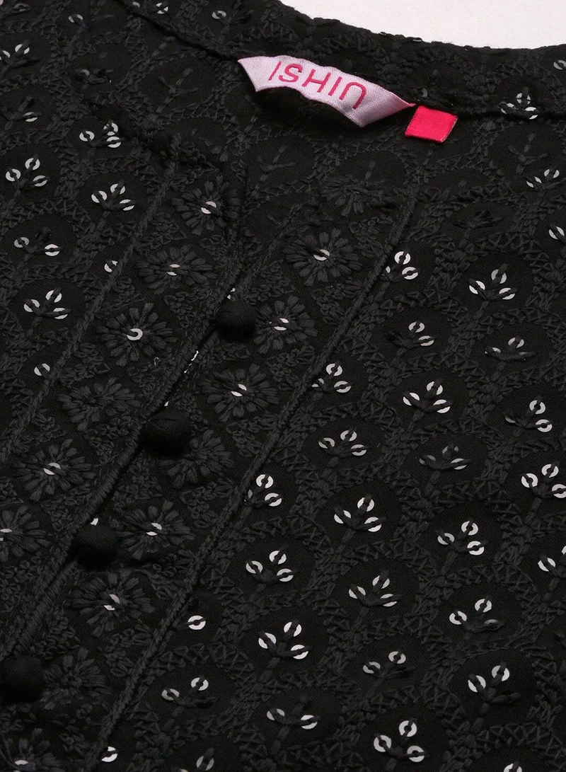 آي شين Women's Black Viscose Rayon Printed Regular Fit Kurta