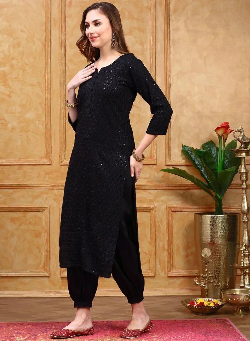 ISHIN Women's Black Viscose Rayon Printed Regular Fit Kurta