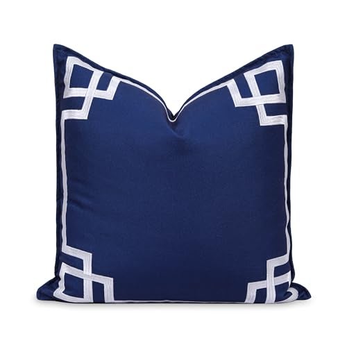 Hofdeco Premium Coastal Patio Indoor Outdoor Throw Pillow Cover Only 20x20 Water Repellent for Backyard Couch Navy Blue Embroidered Frame Greek Key - Image 1